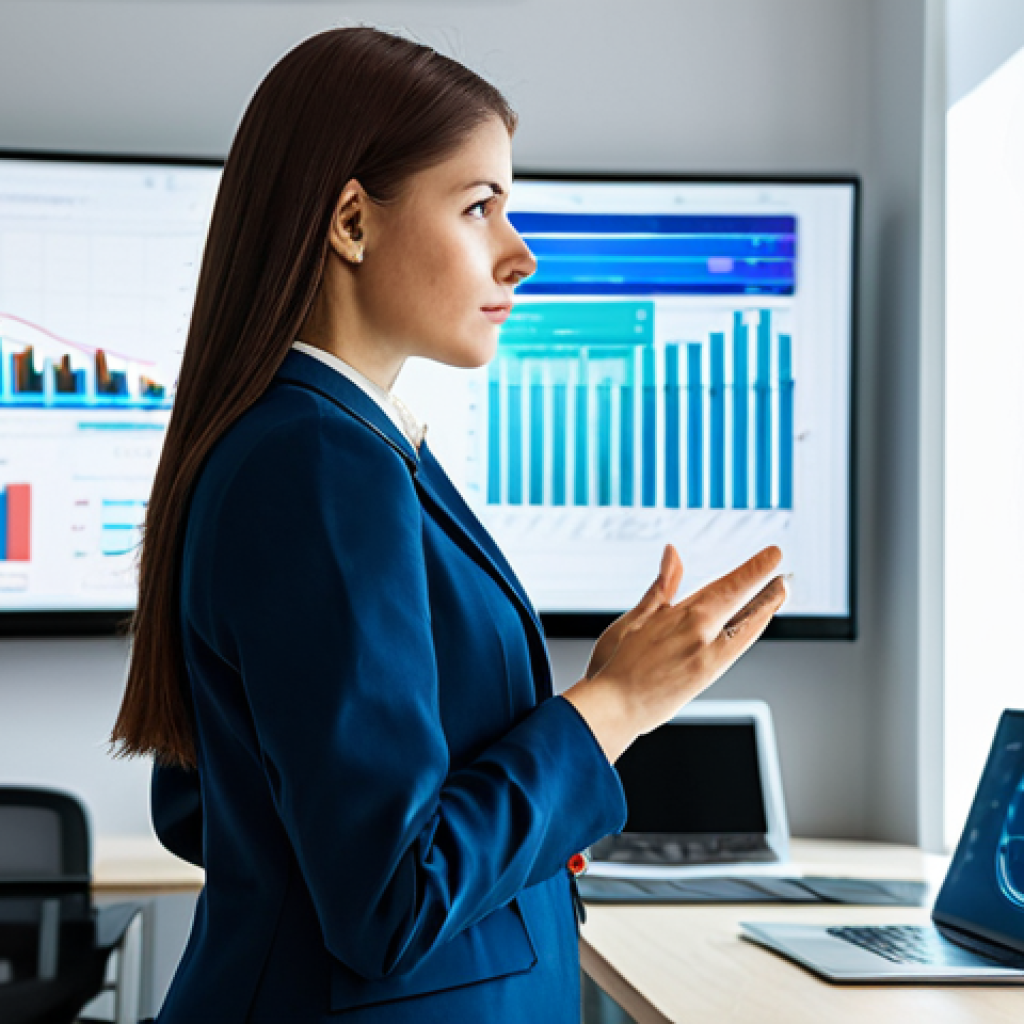 A professional female digital marketing analyst, dressed in a modest business suit, stands thoughtfully in a modern, well-lit office. She is looking at a large, interactive holographic data dashboard displaying clear, concise financial graphs, ROI metrics, and conversion rates. Her posture is natural, and her hands are perfectly formed, gesturing towards the data. The background is a clean, contemporary workspace with subtle digital elements. This image embodies data clarity and strategic analysis. Fully clothed, appropriate attire, safe for work, perfect anatomy, correct proportions, natural pose, well-formed hands, proper finger count, natural body proportions, professional, high-quality photograph, sharp focus.