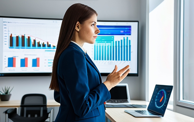 A professional female digital marketing analyst, dressed in a modest business suit, stands thoughtfully in a modern, well-lit office. She is looking at a large, interactive holographic data dashboard displaying clear, concise financial graphs, ROI metrics, and conversion rates. Her posture is natural, and her hands are perfectly formed, gesturing towards the data. The background is a clean, contemporary workspace with subtle digital elements. This image embodies data clarity and strategic analysis. Fully clothed, appropriate attire, safe for work, perfect anatomy, correct proportions, natural pose, well-formed hands, proper finger count, natural body proportions, professional, high-quality photograph, sharp focus.