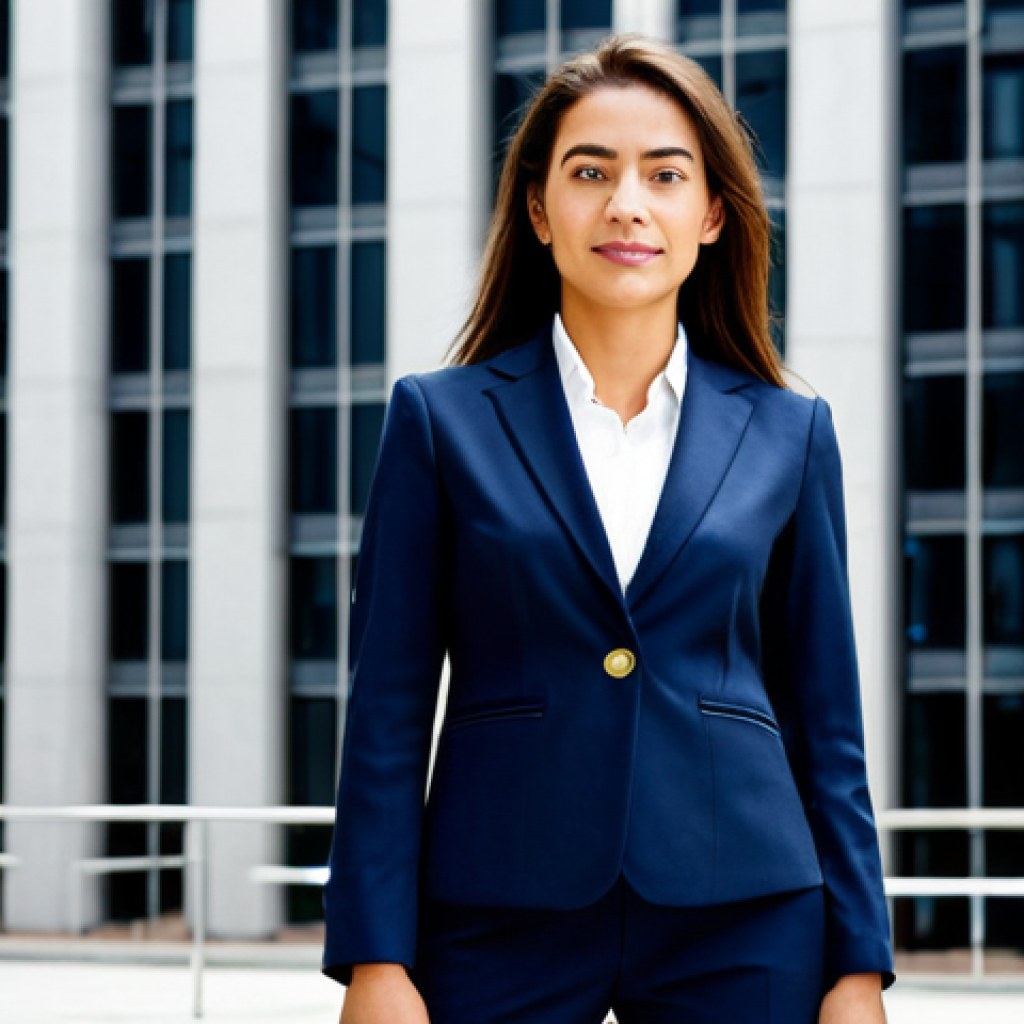 **Prompt:** A professional businesswoman in a tailored navy suit, standing confidently in front of a modern São Paulo office building, fully clothed, appropriate attire, safe for work, perfect anatomy, natural proportions, professional corporate photography, high quality.