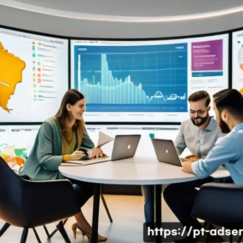 Home 33 퍼포먼스 마케팅의 유행 및 변화하는 트렌드 - A modern digital marketing workspace showcasing a diverse Brazilian marketing team collaborating int...