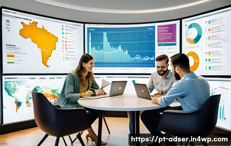 퍼포먼스 마케팅의 유행 및 변화하는 트렌드 - A modern digital marketing workspace showcasing a diverse Brazilian marketing team collaborating int...