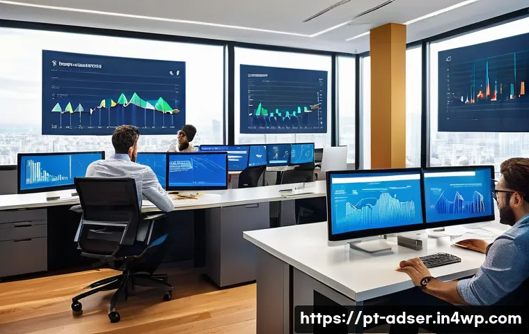 퍼포먼스 마케팅 vs 전통 마케팅 - A modern marketing control room showcasing a diverse team of professionals analyzing real-time data ...
