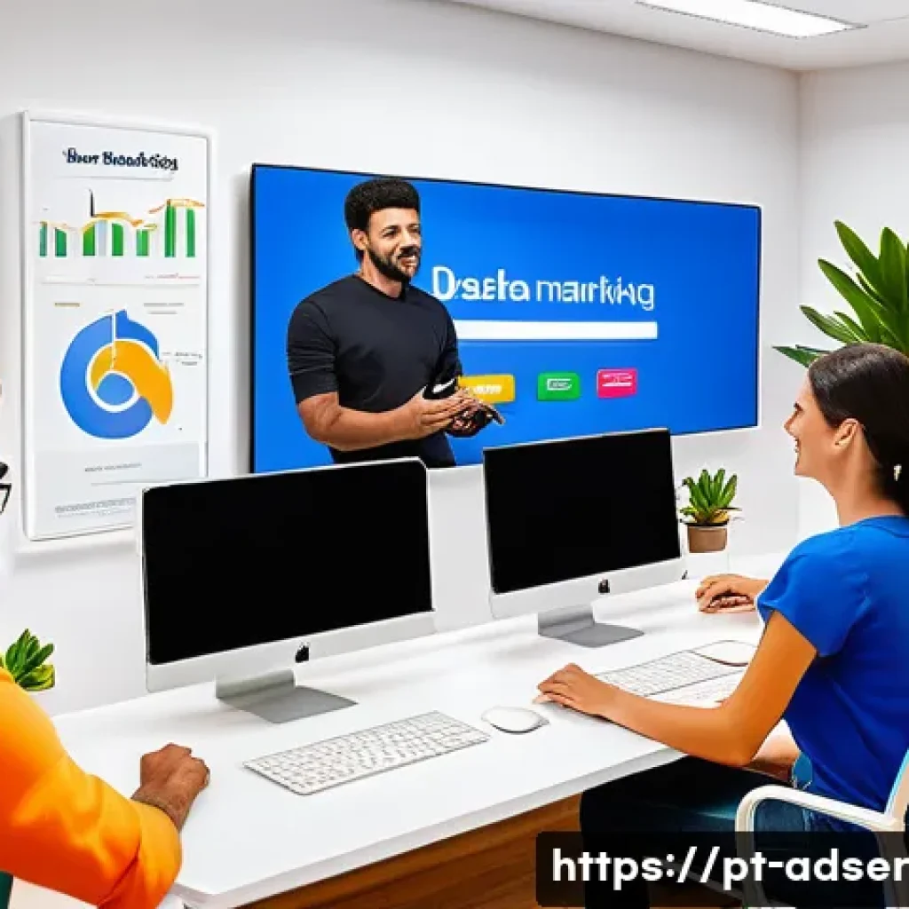퍼포먼스 마케팅을 위한 최적의 광고 플랫폼 - A modern digital marketing office scene featuring a diverse Brazilian marketing team collaborating a...