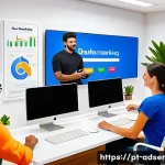Home 19 퍼포먼스 마케팅을 위한 최적의 광고 플랫폼 - A modern digital marketing office scene featuring a diverse Brazilian marketing team collaborating a...