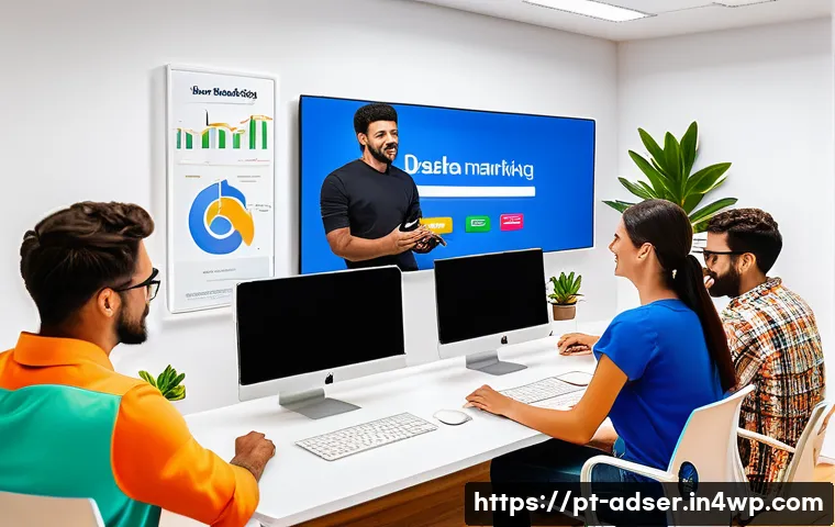 퍼포먼스 마케팅을 위한 최적의 광고 플랫폼 - A modern digital marketing office scene featuring a diverse Brazilian marketing team collaborating a...