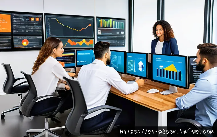 퍼포먼스 마케팅을 위한 실질적인 접근법 - A modern digital marketing office scene showing a diverse team of young Brazilian professionals anal...