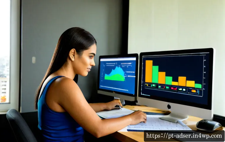 Home 17 구글 애드워즈를 활용한 퍼포먼스 마케팅 - Photorealistic Brazilian performance marketing specialist working at a clean modern desk in São Paul...