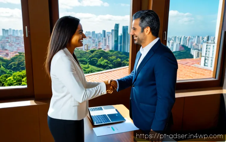 Home 17 퍼포먼스 마케팅에서의 전략적 제휴의 중요성 - Photorealistic Brazilian business partnership meeting in a bright São Paulo office, two diverse mark...